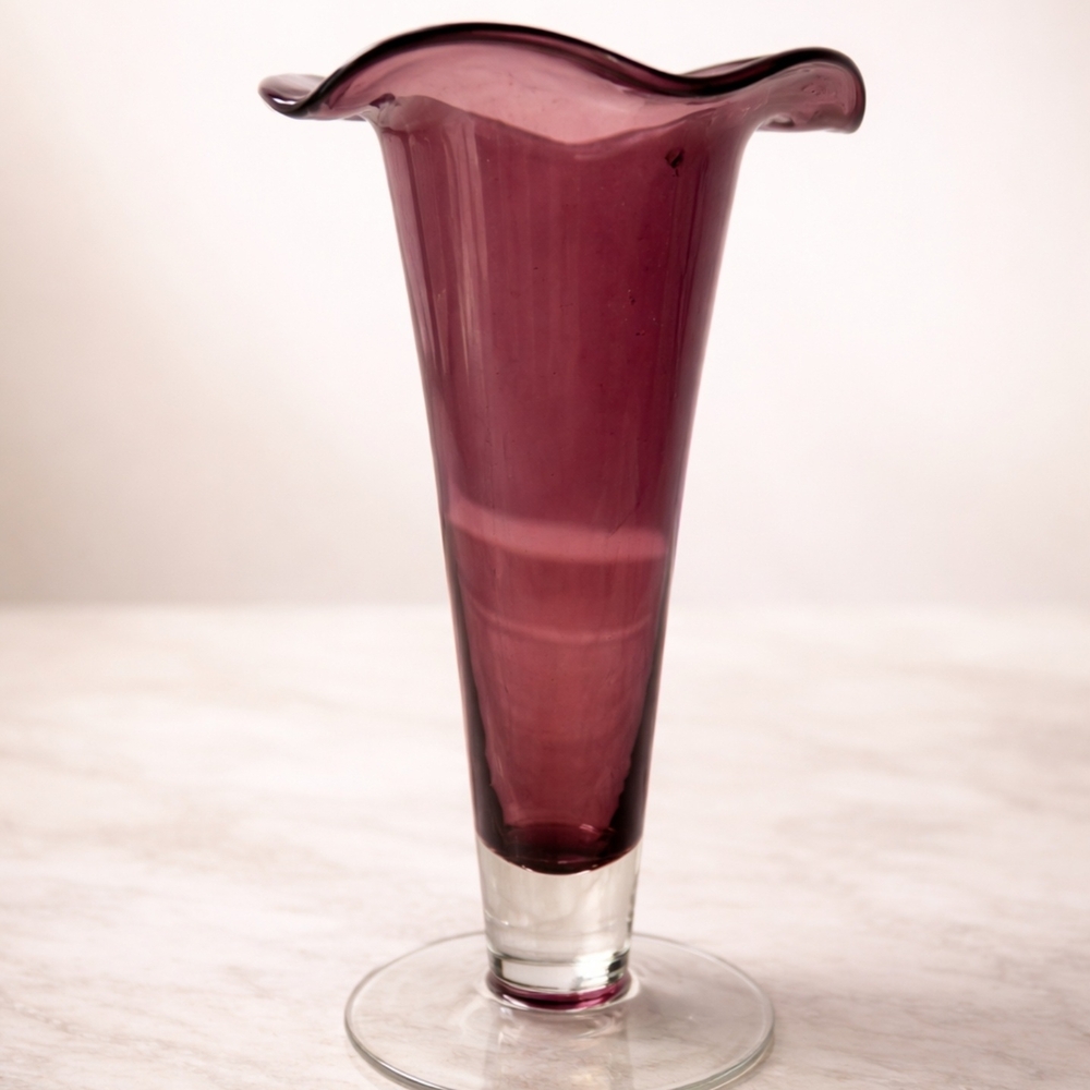 Vintage Cranberry Glass Trumpet Vase – Elegant Amethyst Art Glass